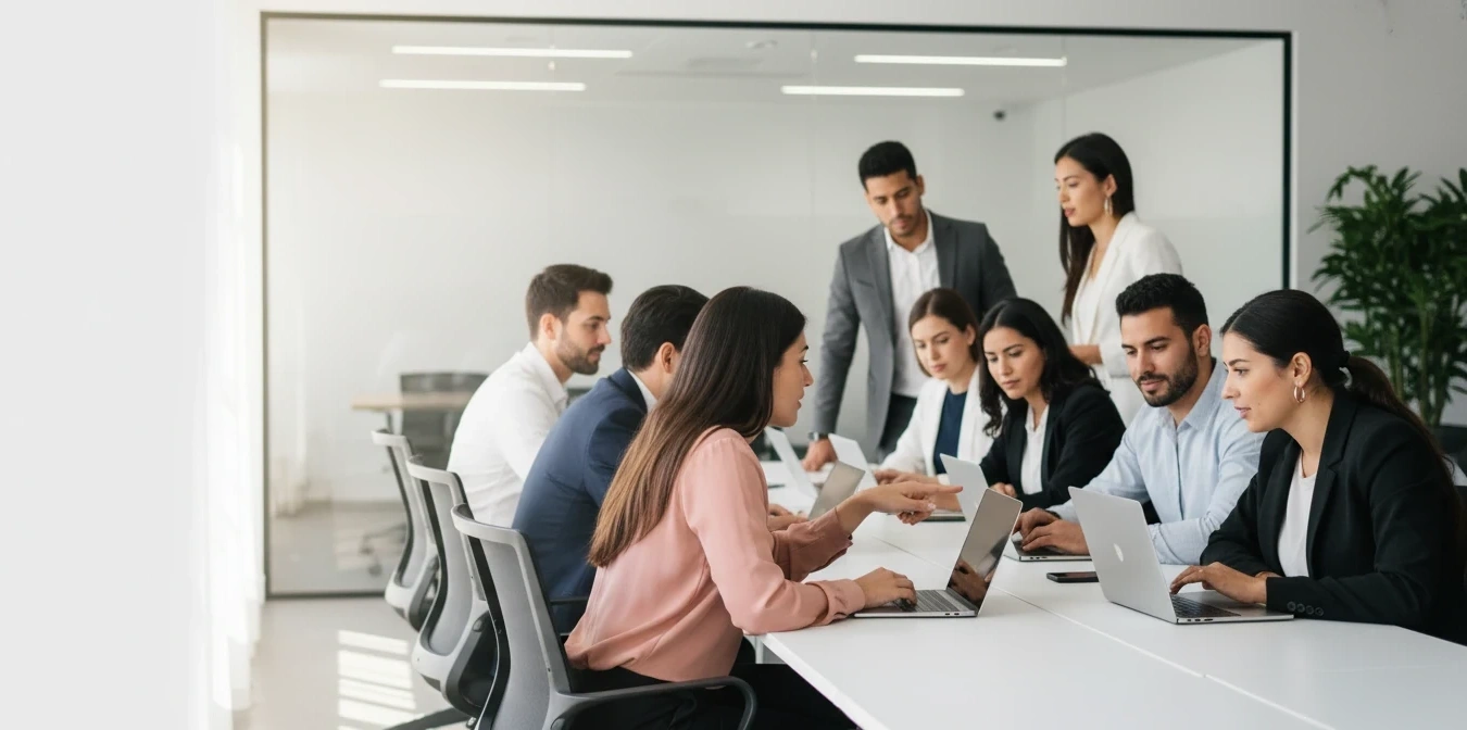 Equipo revisando su sistema Dolibarr en una reunión de trabajo